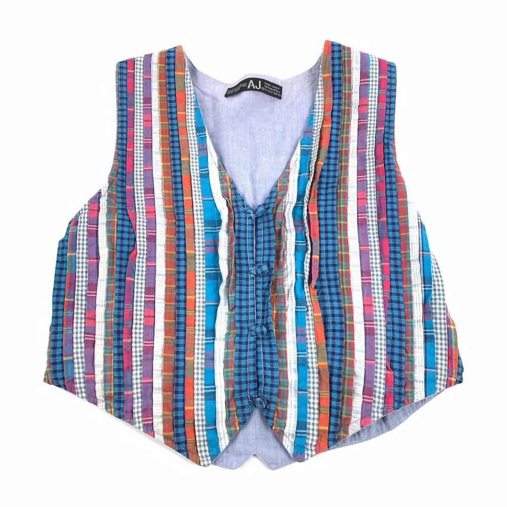Vintage AJ Ribbon Vertical Striped 4 Button Vest Size XL Womens Light Blue Multi